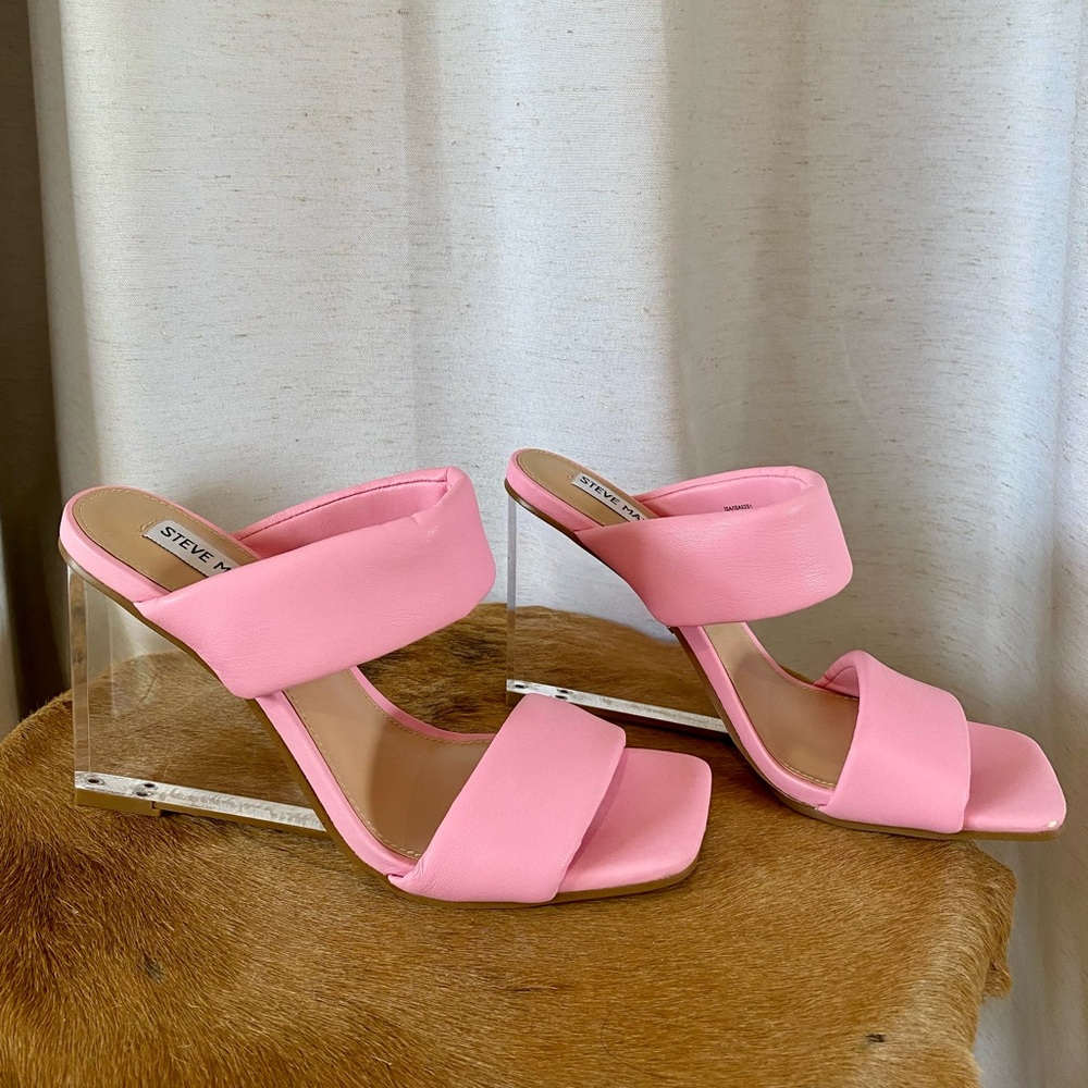 Steve Madden Isa Pink Clear Lucite Wedge Sandals Open Toe Transparent Heel 7.5 - Picture 11 of 14